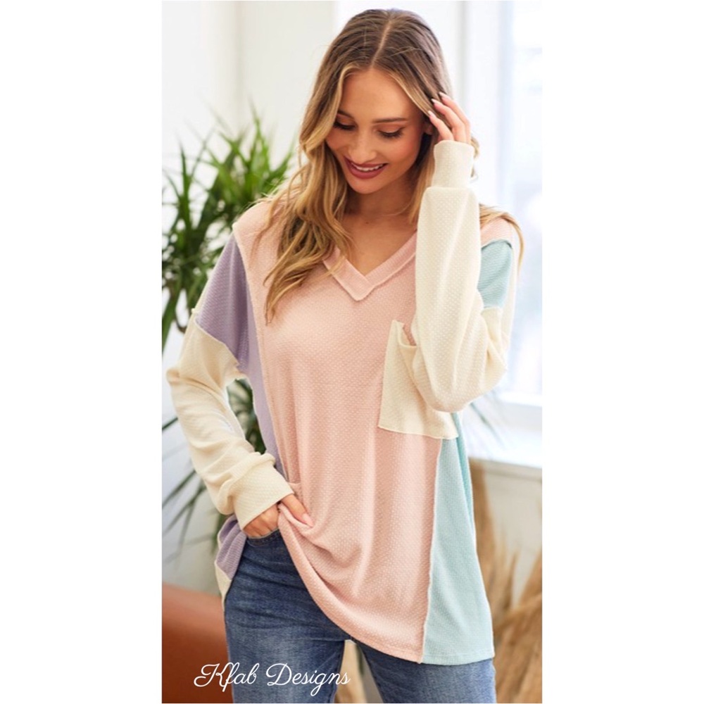 LAST 1! V Neck Pastel Palette Textured Soft Hacci Color Block Top! - Picture 3 of 9